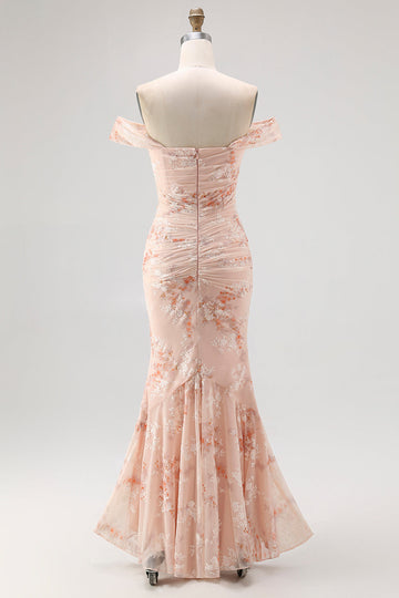 Off the Shoulder Sjöjungfru Champagne Tryckt Rynkad Bröllop Gäst Klänning